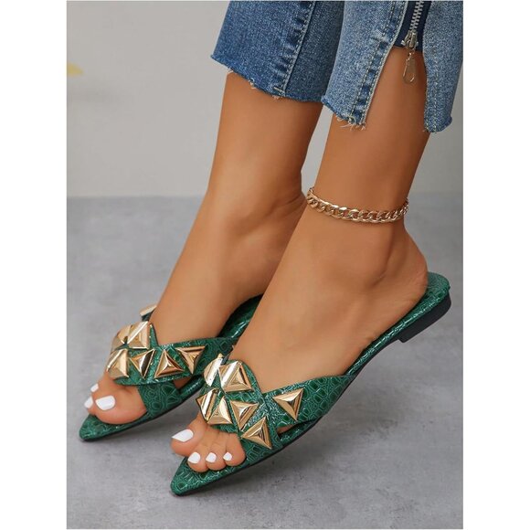 Women's Casual Outdoor Open Toe Gold Metal PU Leather Single Band Flat Sandals - Picture 3 of 5